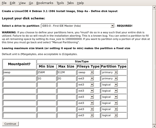 LinuxCOE SystemDesigner - Boot Image, Simple Disk Partitions