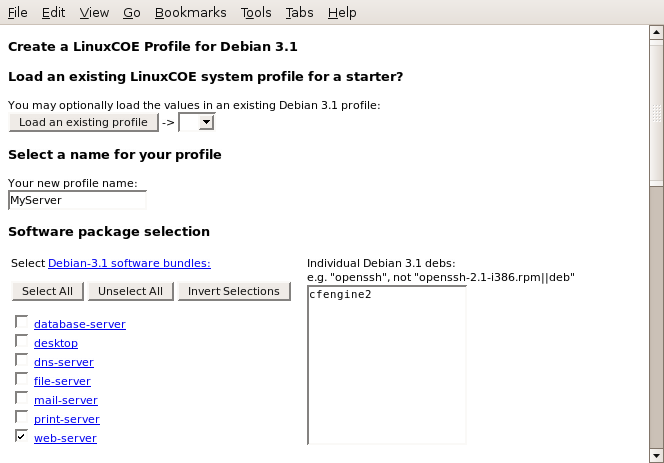 LinuxCOE SystemDesigner - Profiles, Step 1